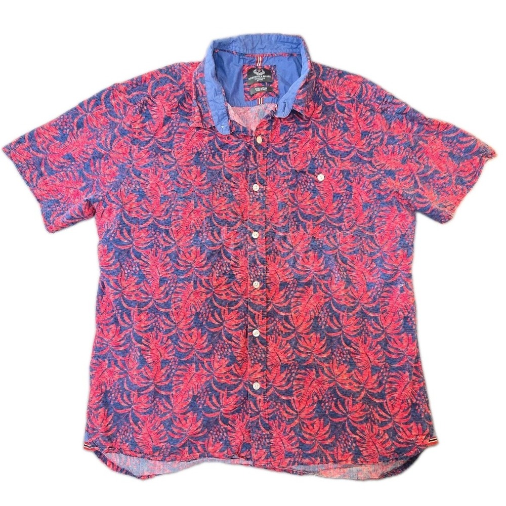 Stitches & Rivets Shirt Mens Large L Blue Pink Tropical Palm Short Sleeve Button